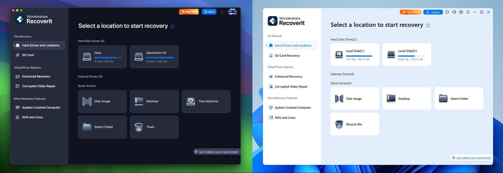 recoverit windows and macos UI comparison 