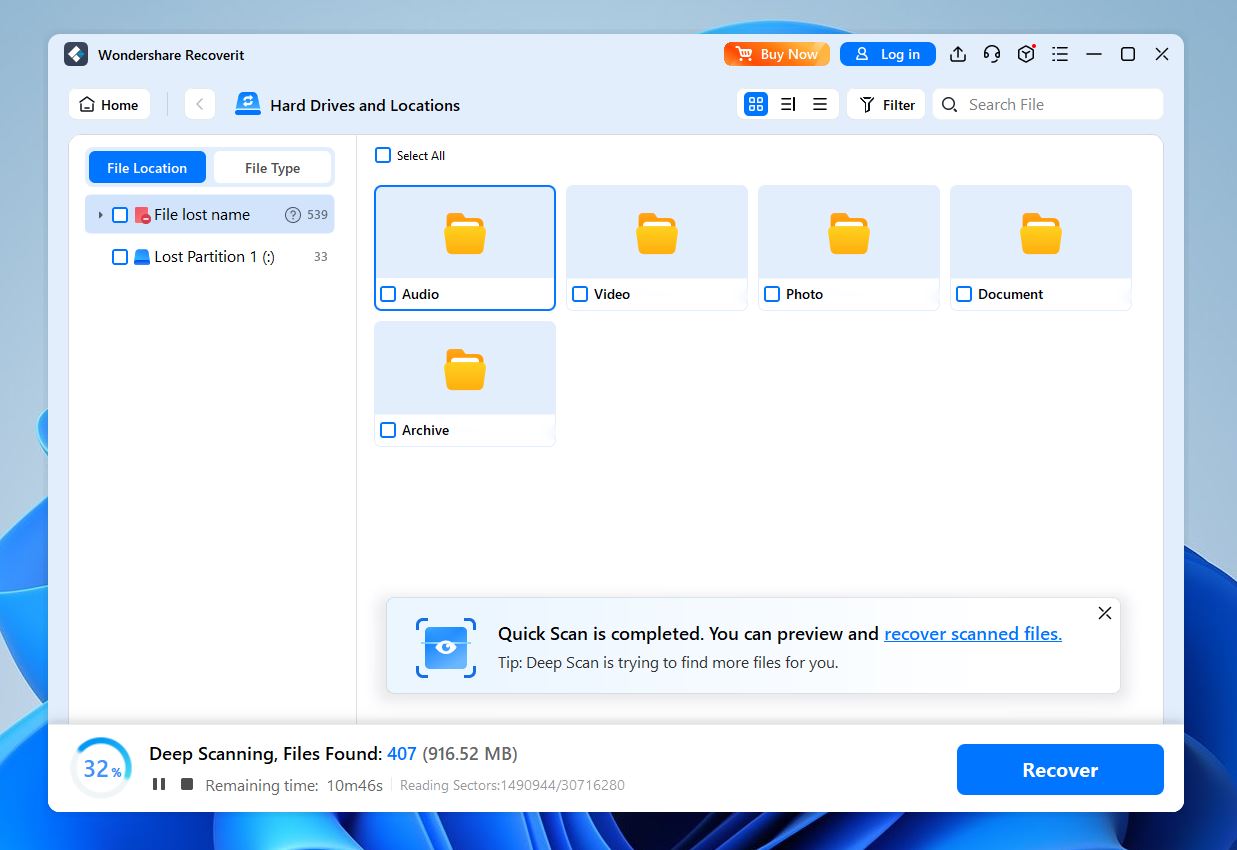 recoverit user interface in results