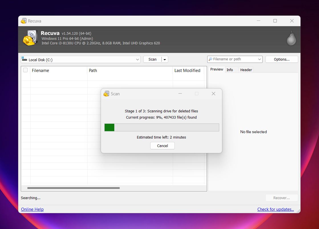 recuva scan process