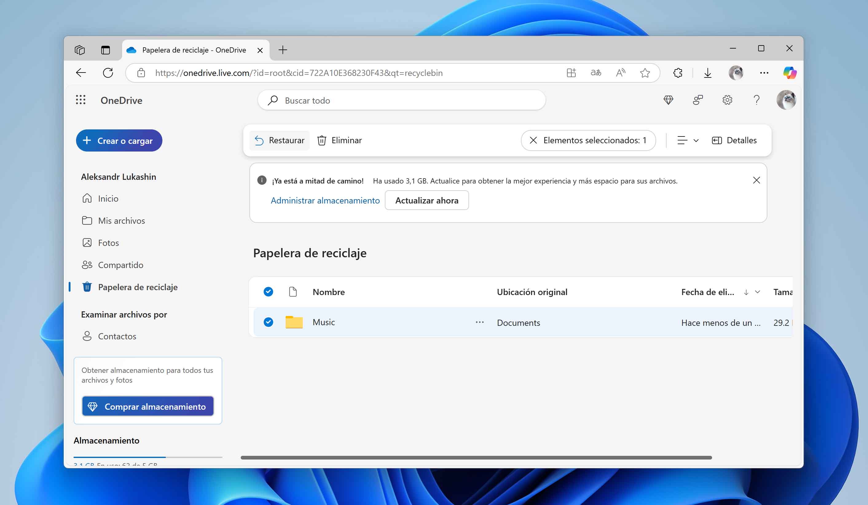 restaurar carpeta importante onedrive