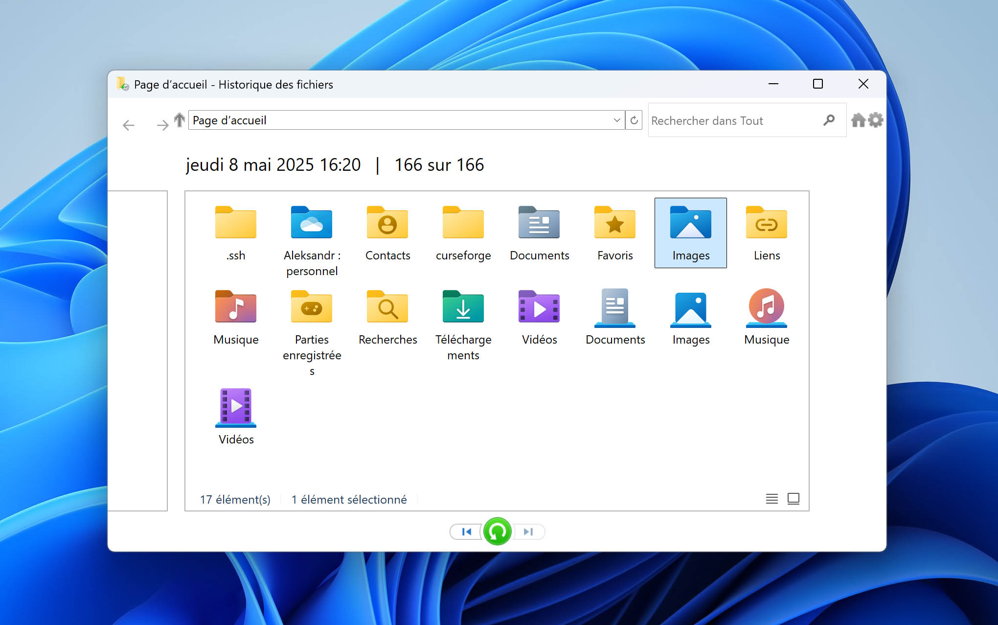 fenêtre de l’historique des fichiers sous Windows