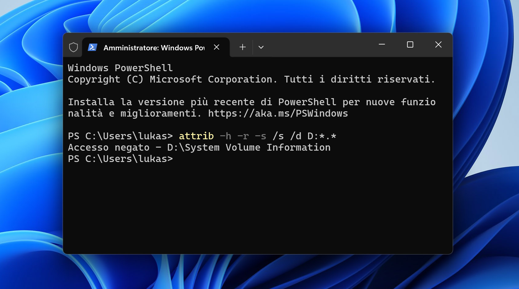 Visualizza i file con il comando ATTRIB