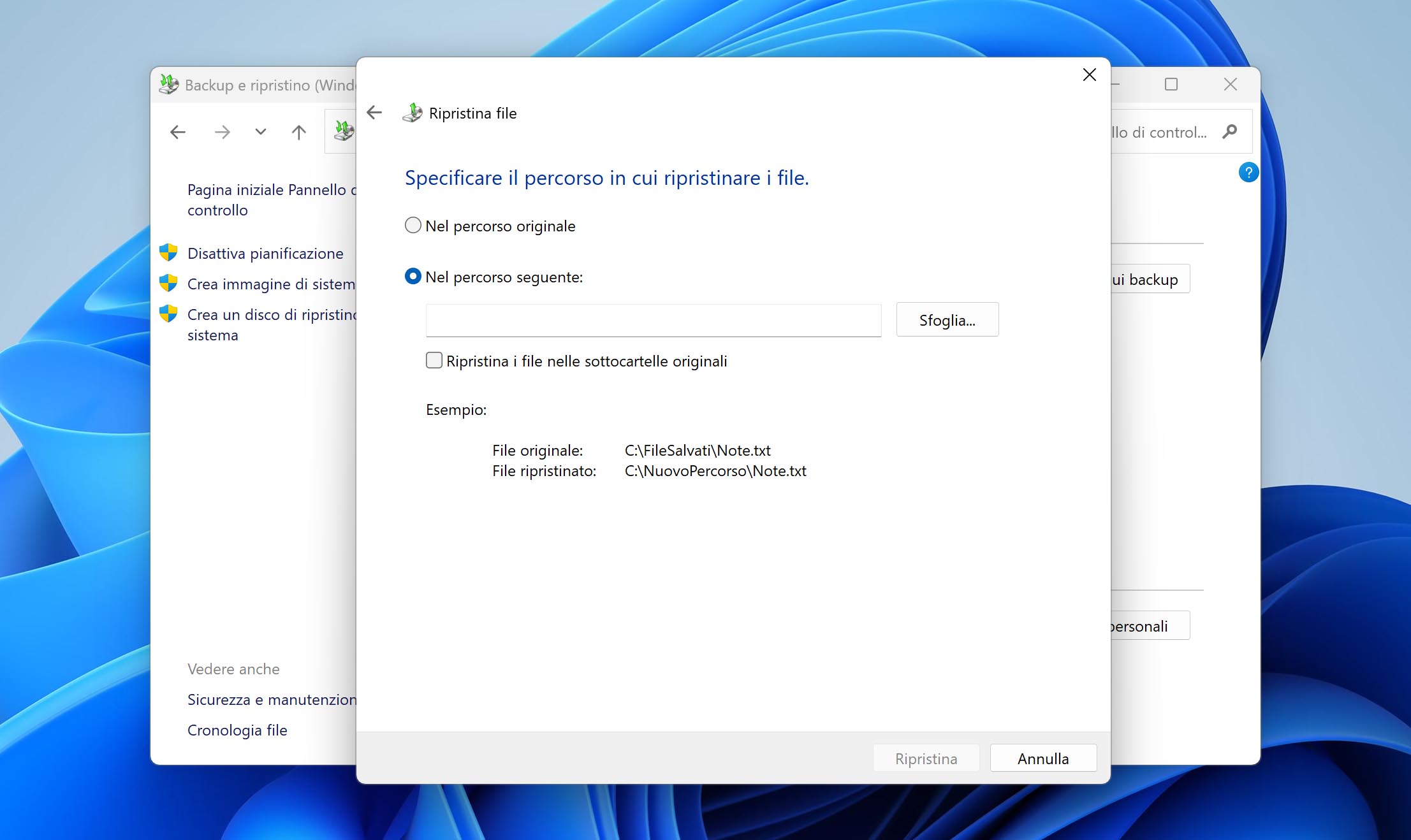 seleziona la posizione sul disco per i file