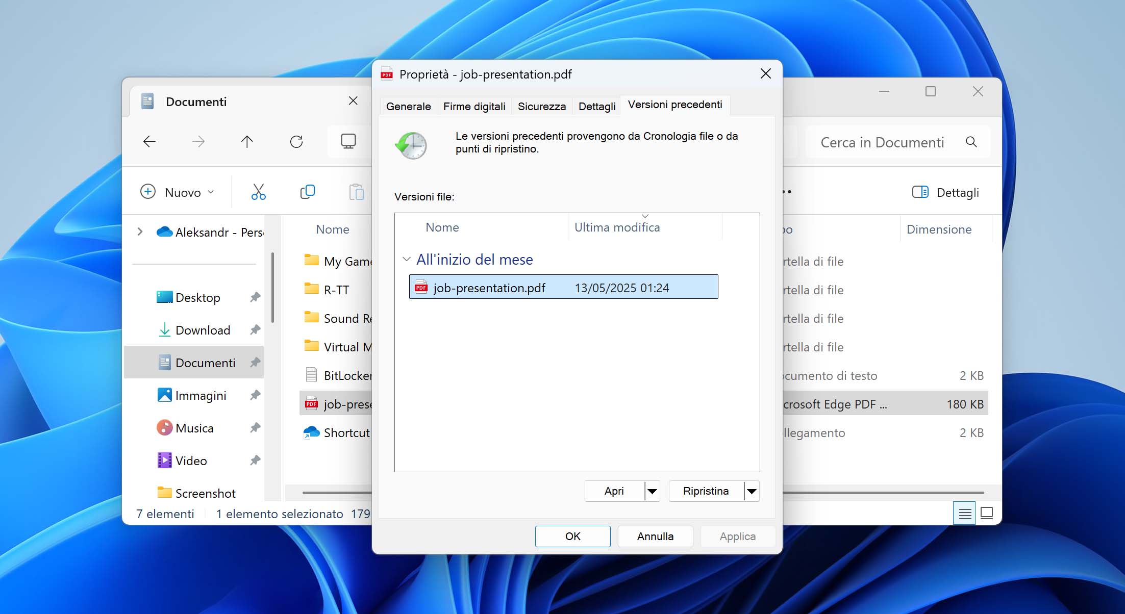 seleziona file versione precedente