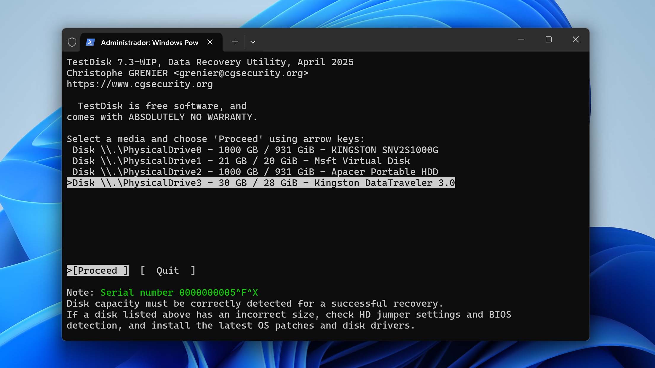 seleccionar unidad en TestDisk