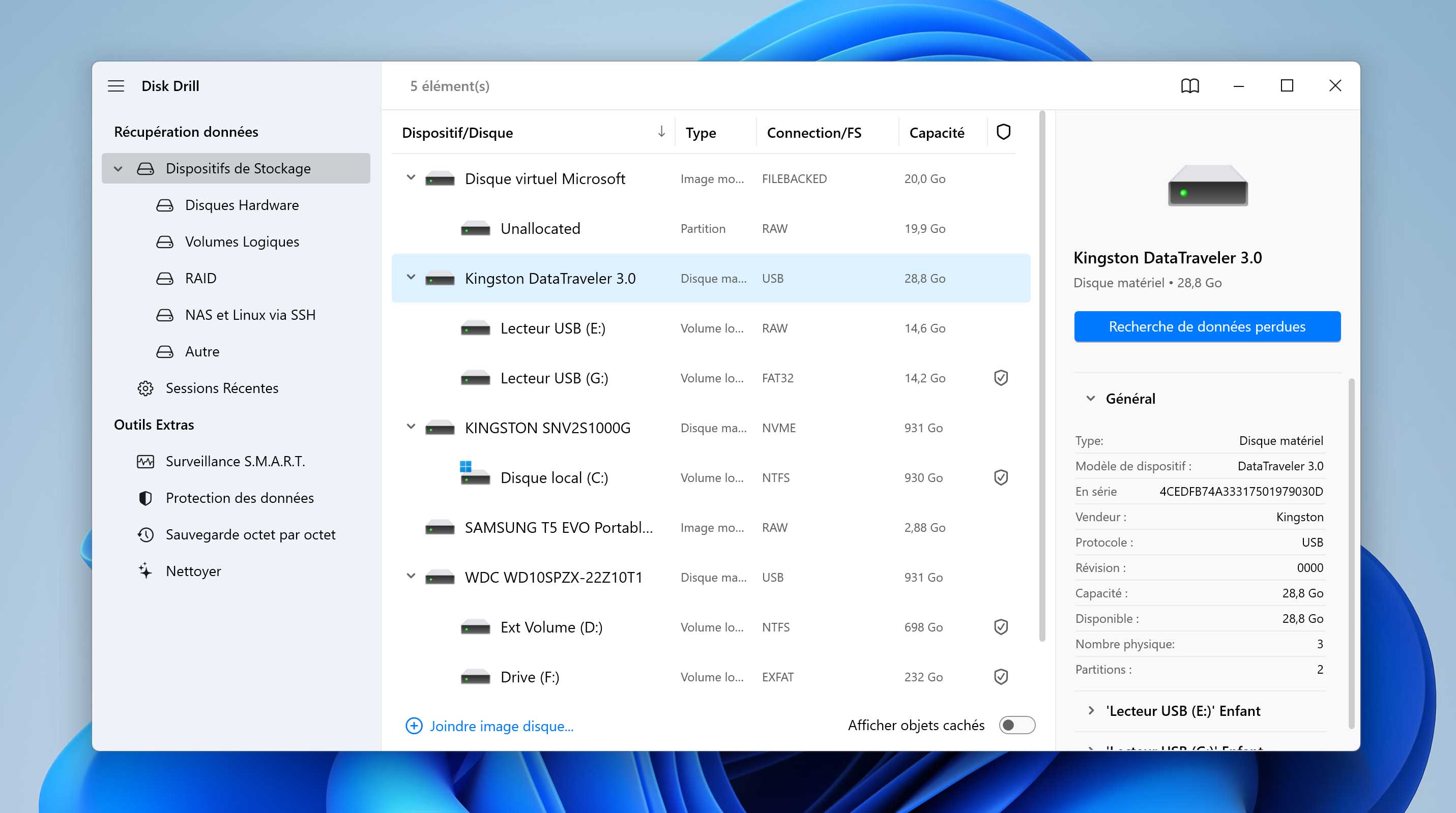 recherche de données perdues sur un disque RAW avec Disk Drill sous Windows