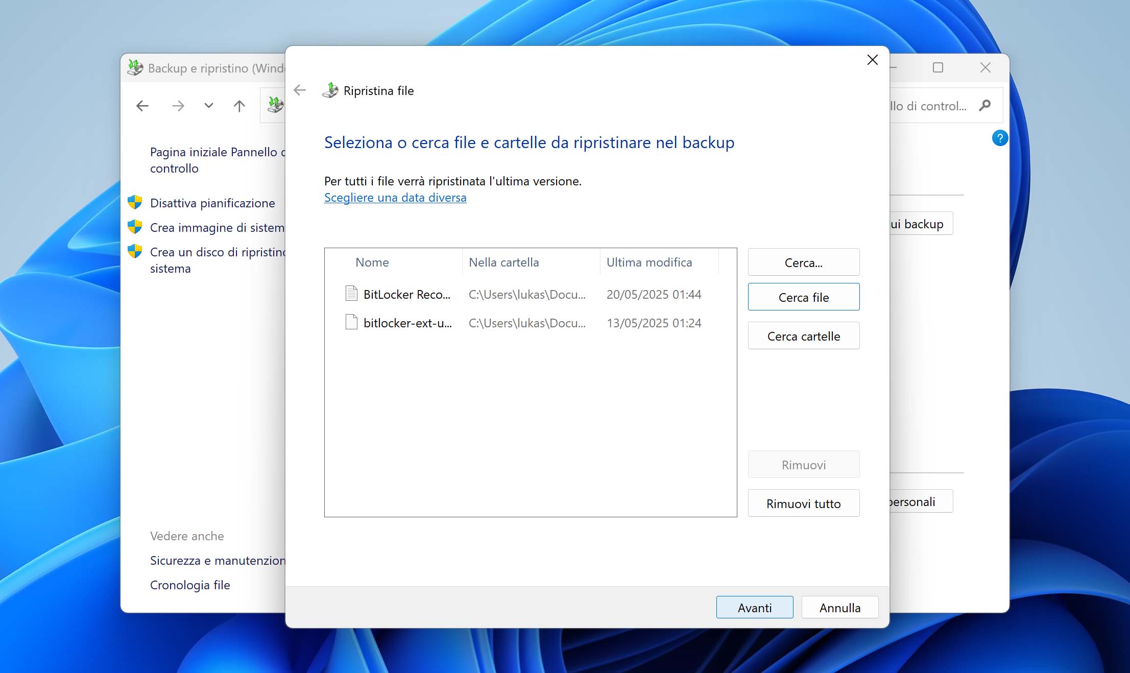 seleziona i file per il recupero