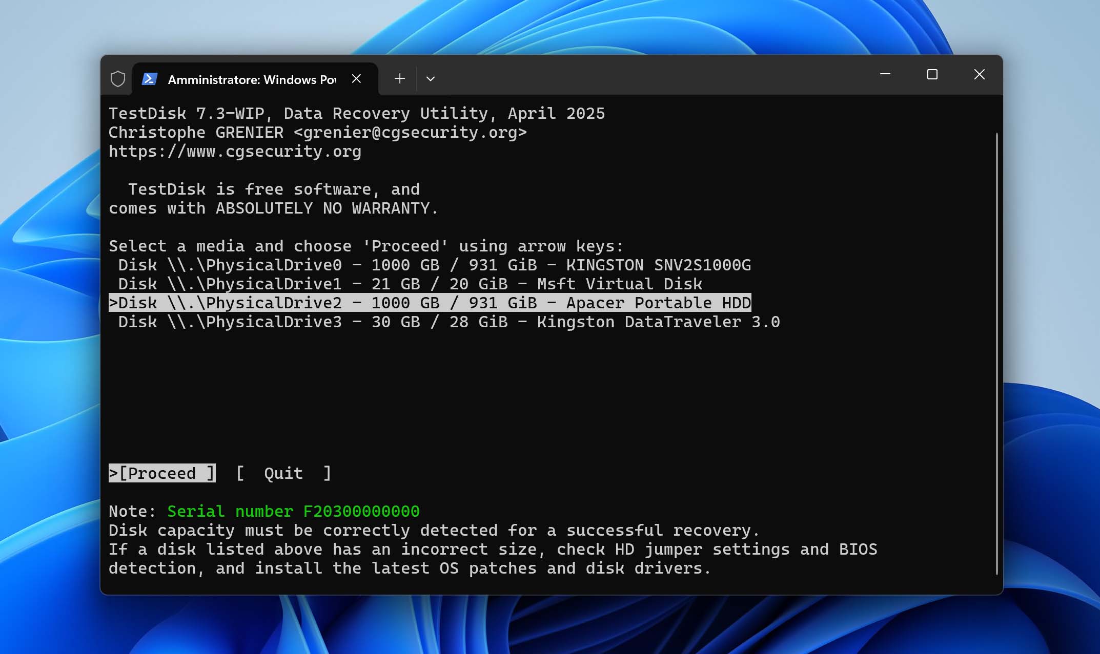 seleziona l'unità dall'elenco in testdisk