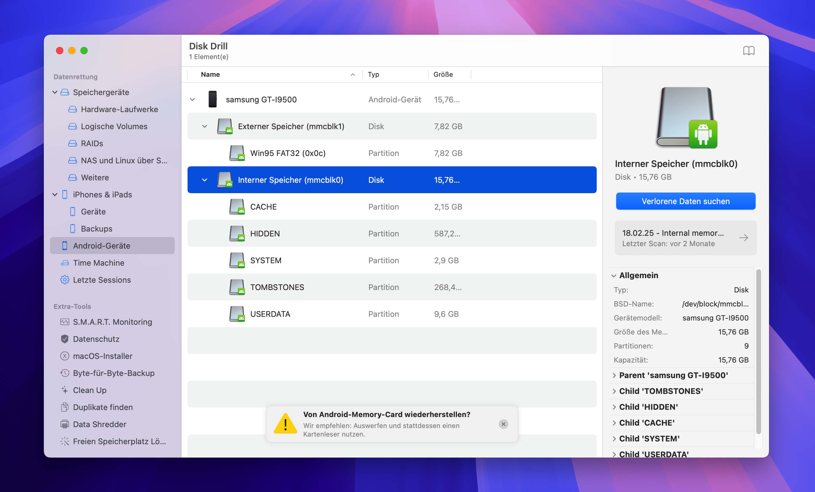 Android-Gerät in Disk Drill auswählen