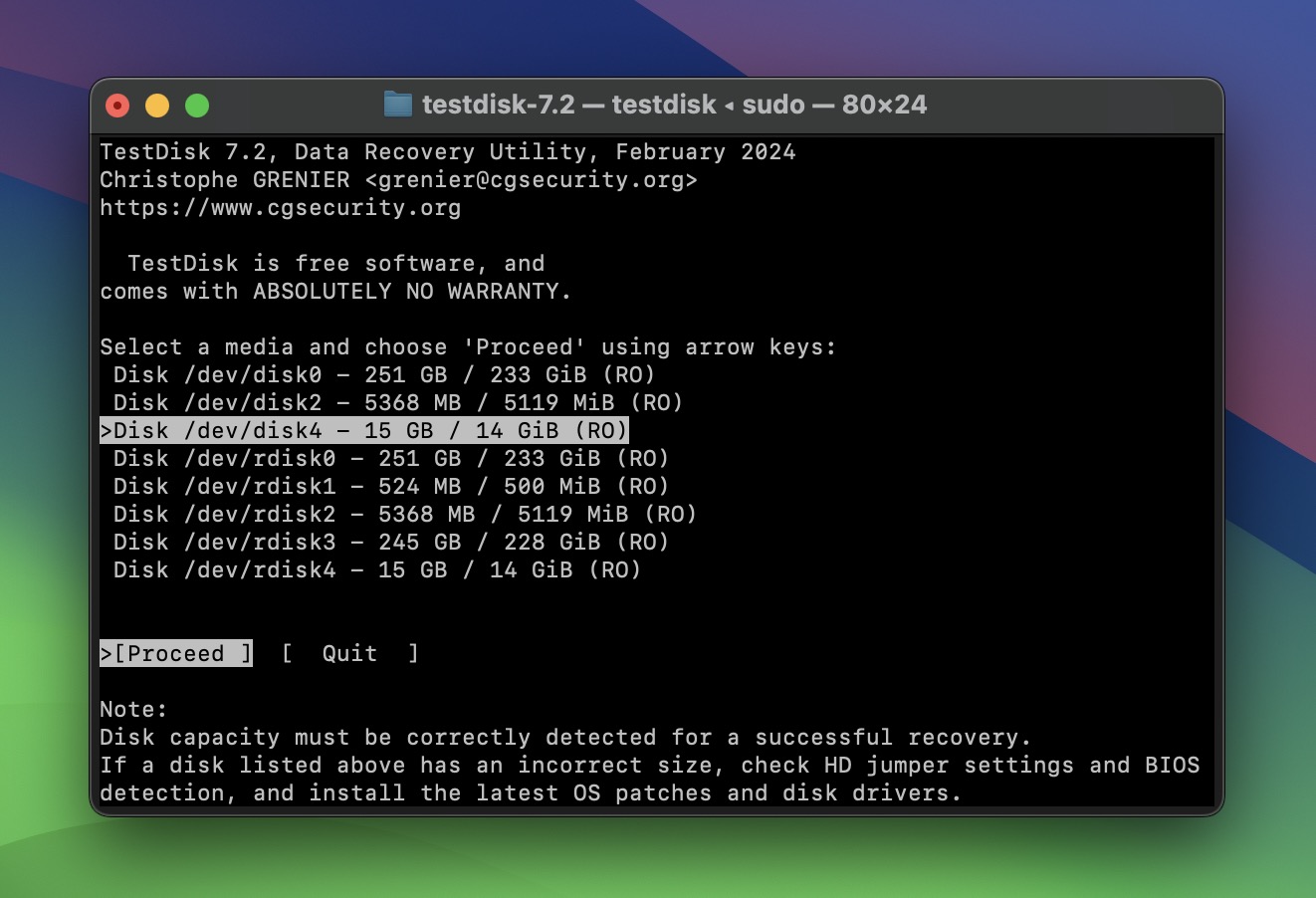 testdisk app in macos terminal