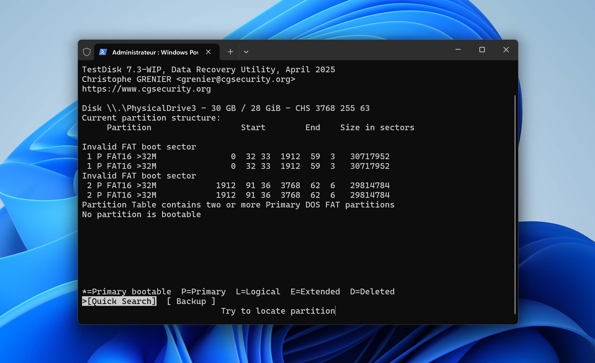 lancer une recherche rapide dans TestDisk