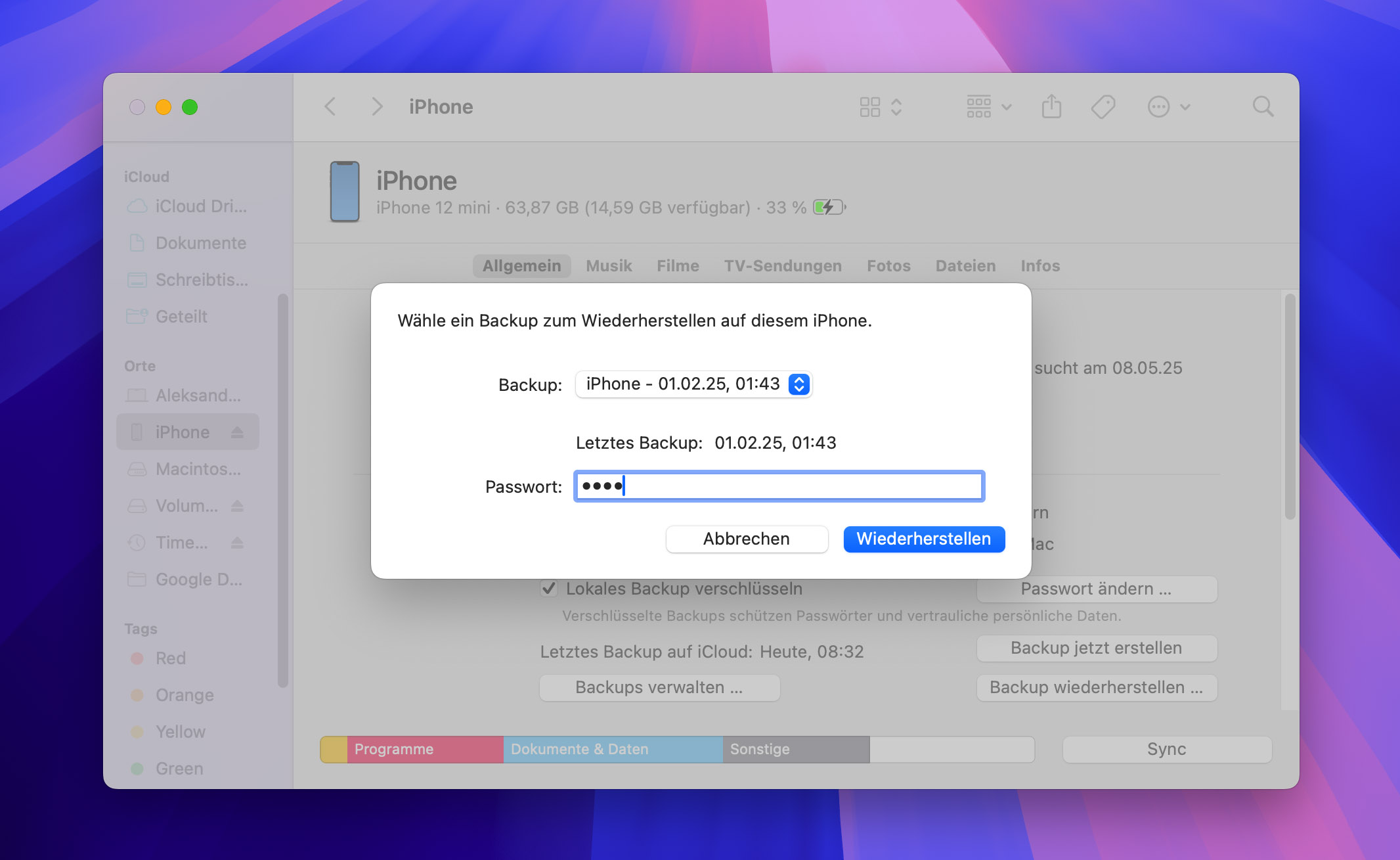 iPhone-Backup auswählen und Wiederherstellung starten