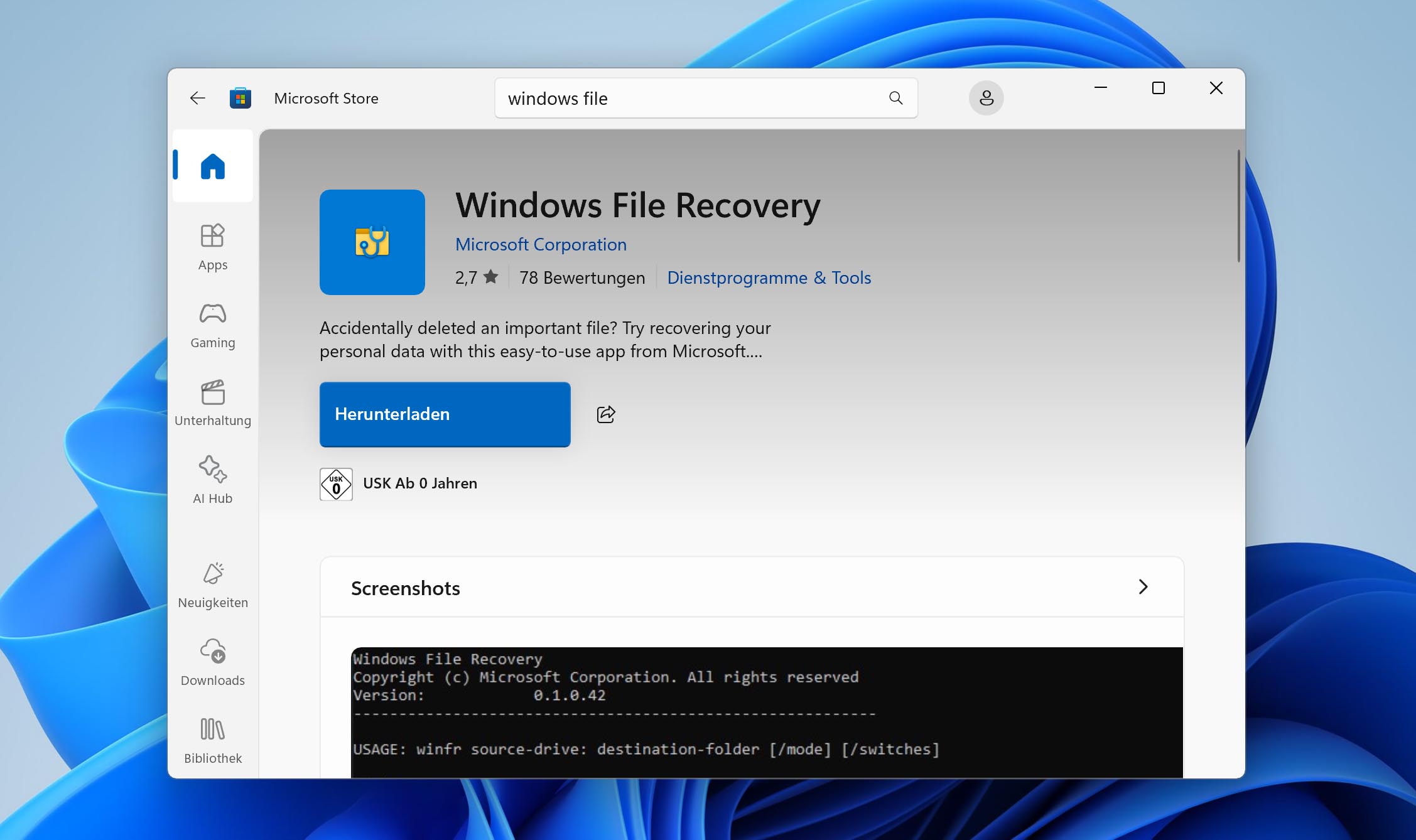 Windows File Recovery im Store installieren