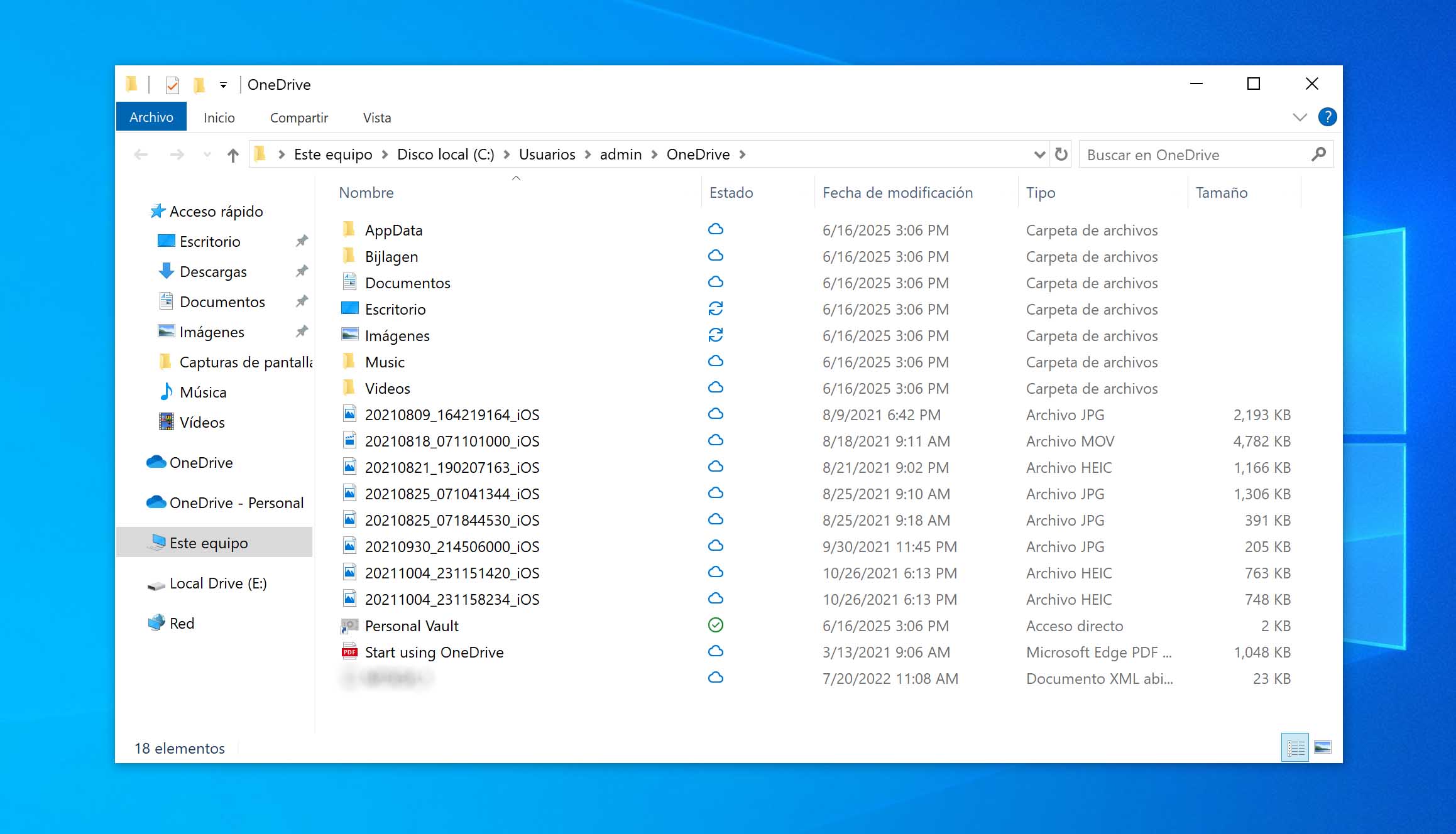 La carpeta de OneDrive en Windows 10.