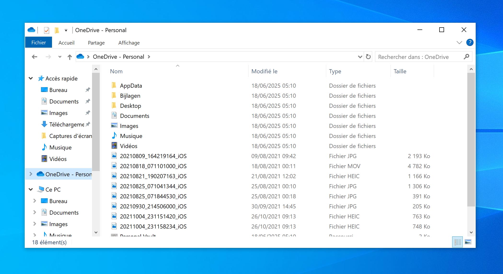 Le dossier OneDrive sous Windows 10.