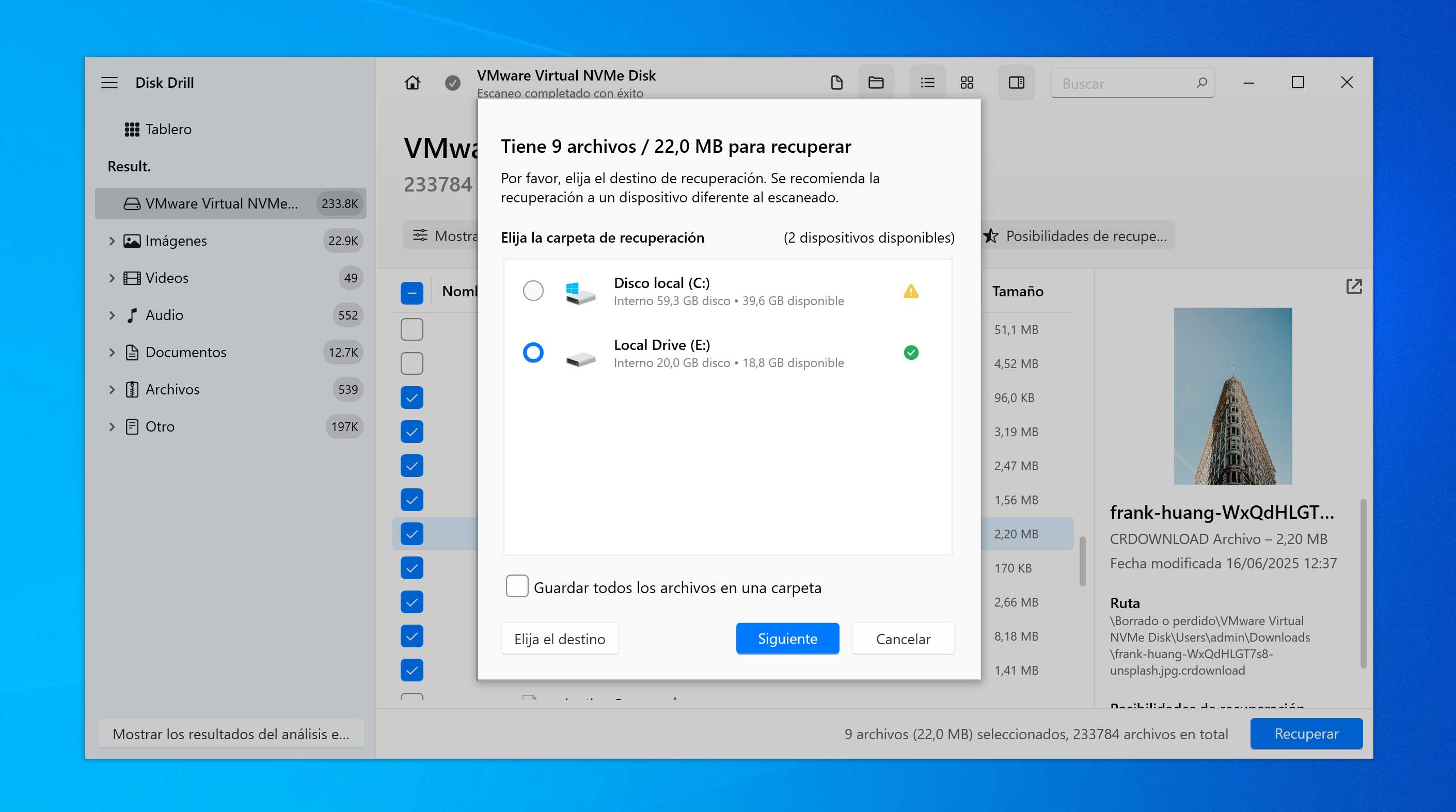 Elija la ubicación para guardar los archivos
