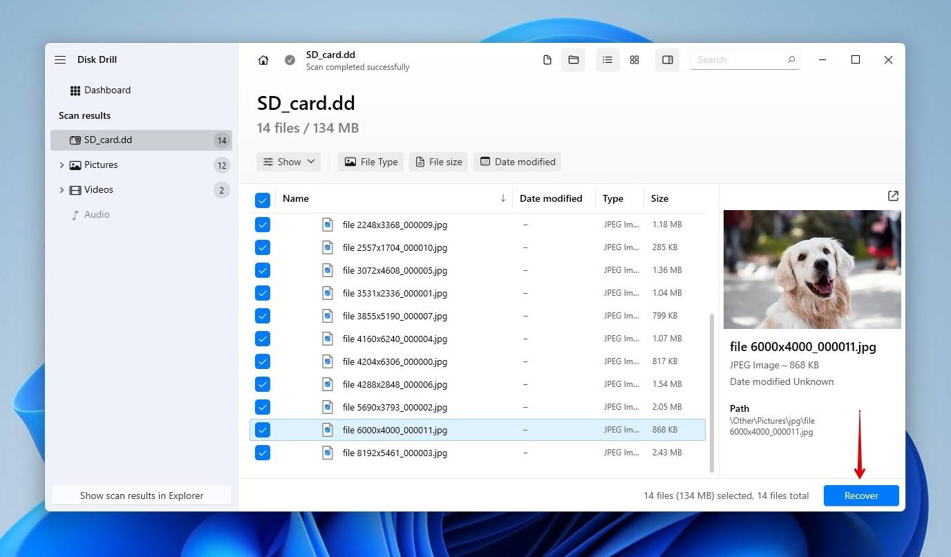 Recovering the selected files.
