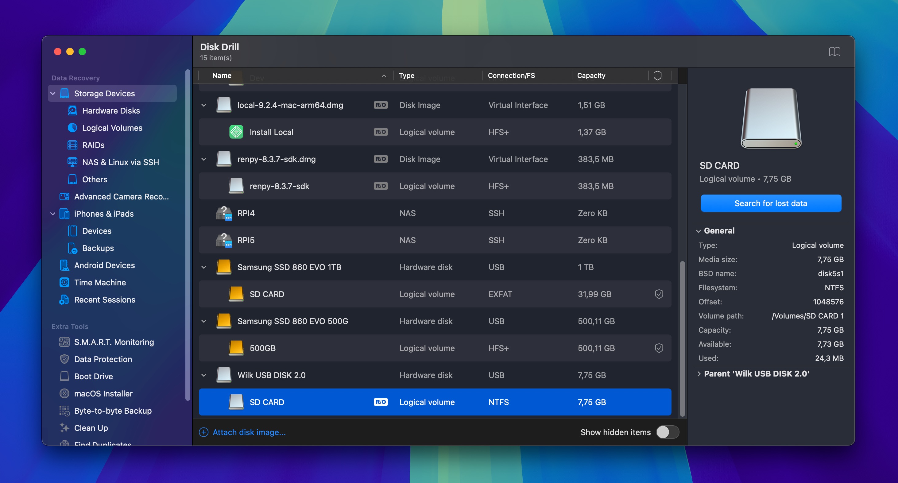 search for lost data disk drill