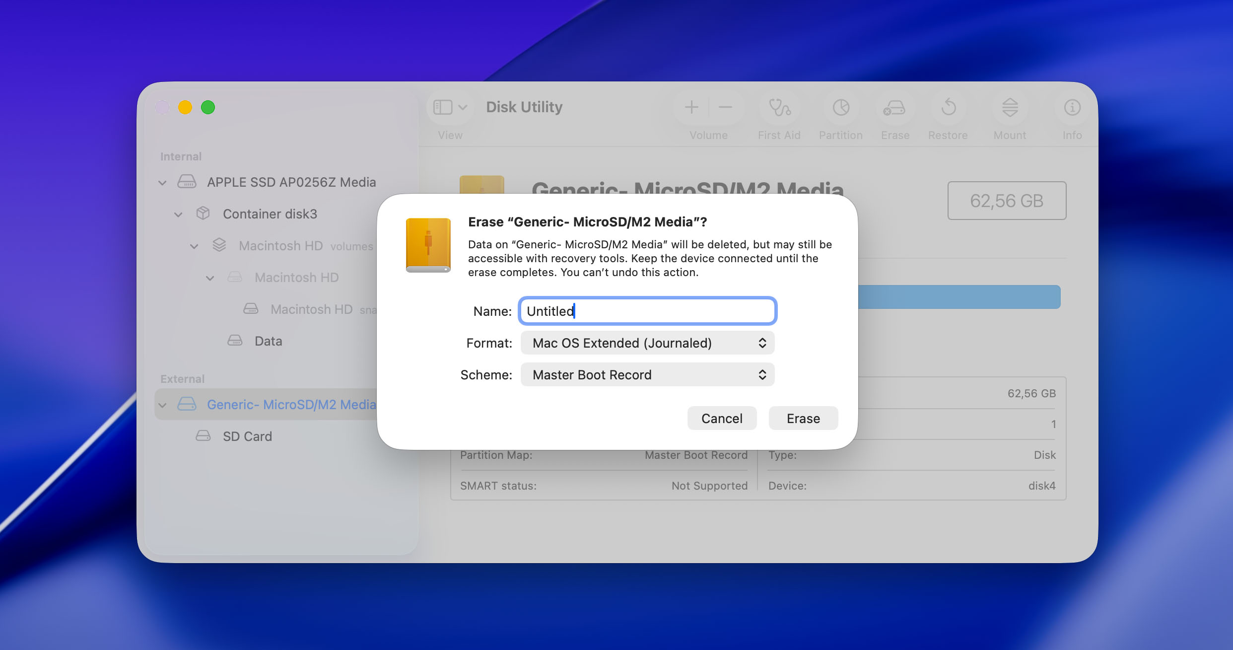 click erase for start format process