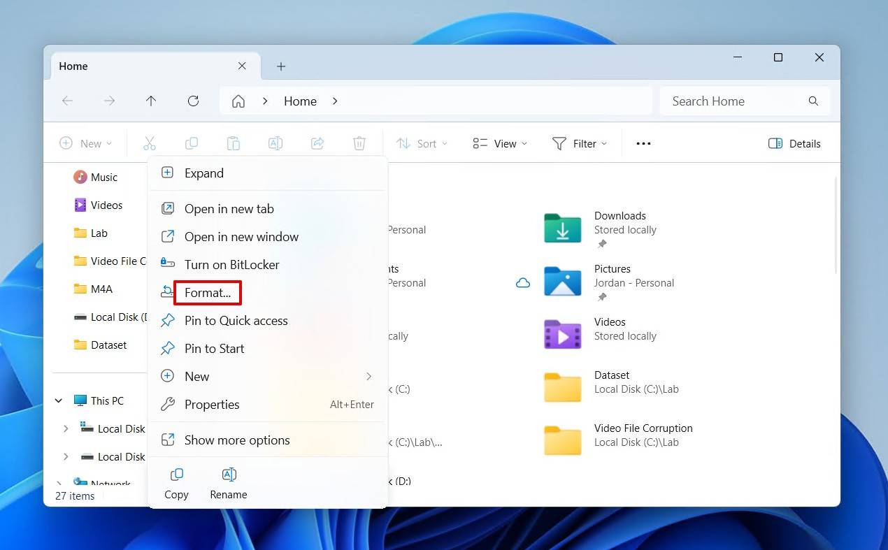 Choosing to format the drive.
