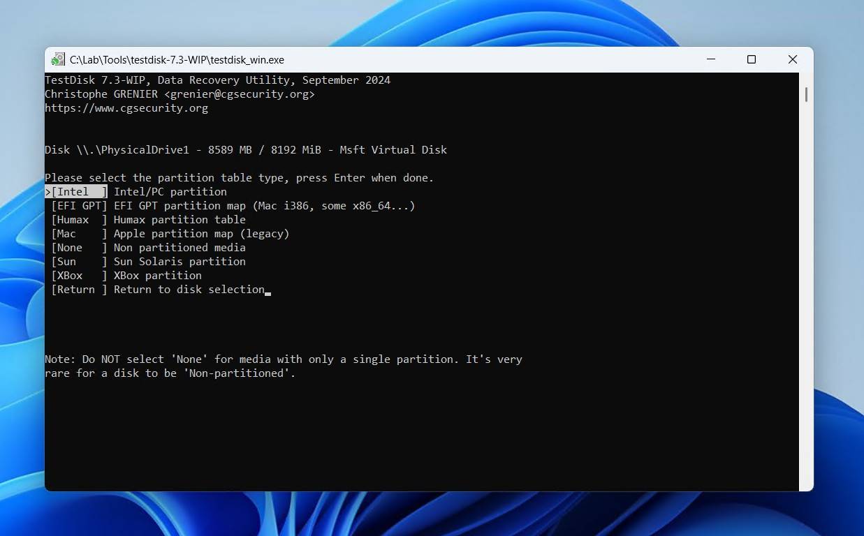Choosing a partition table type.