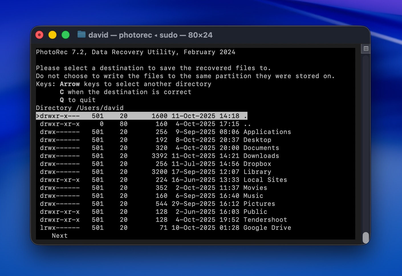 PhotoRec destination selection