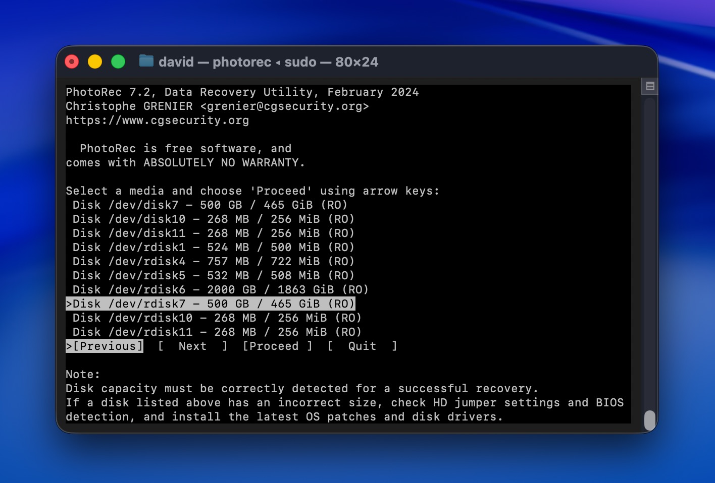 PhotoRec select disk