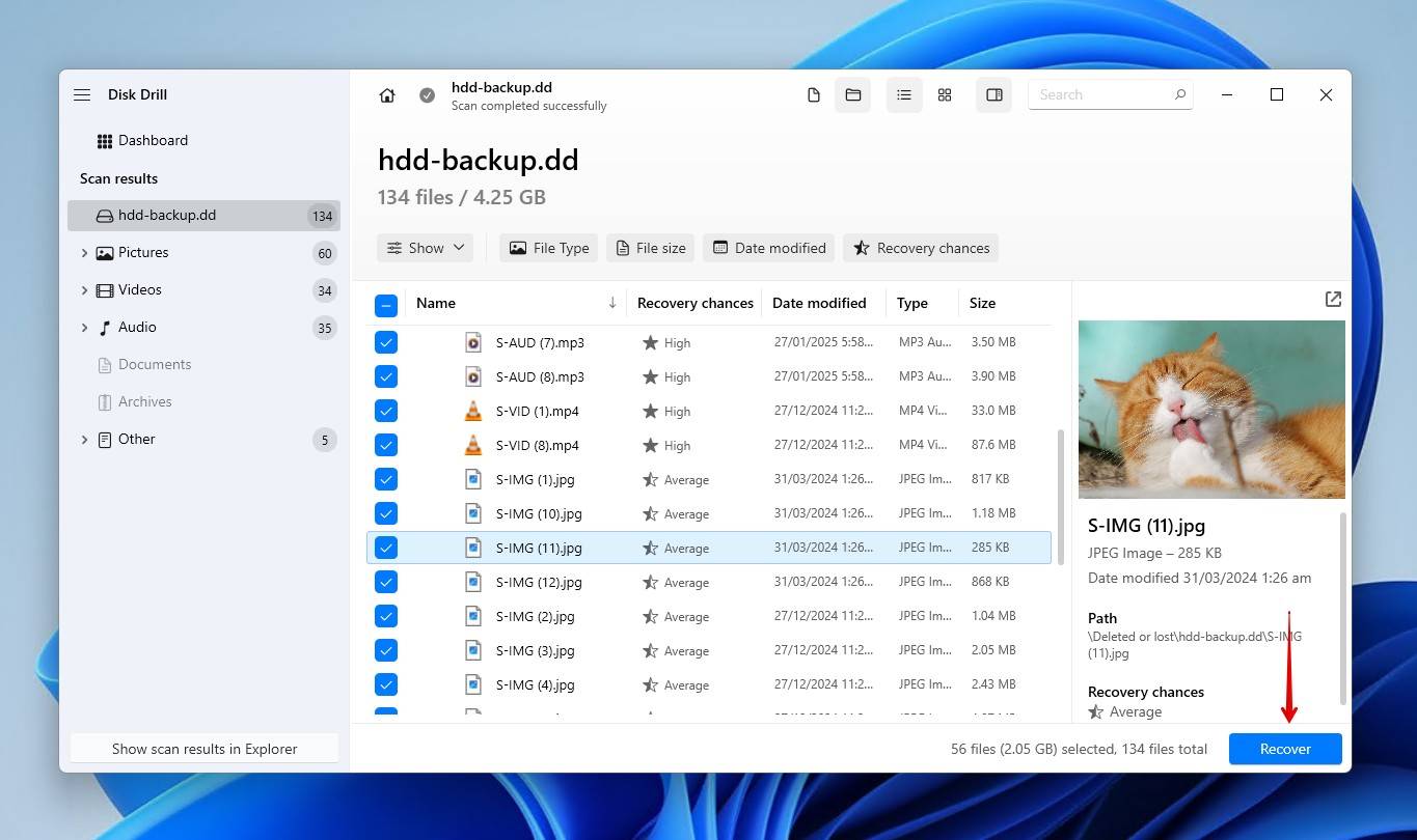 Recovering the selected files.