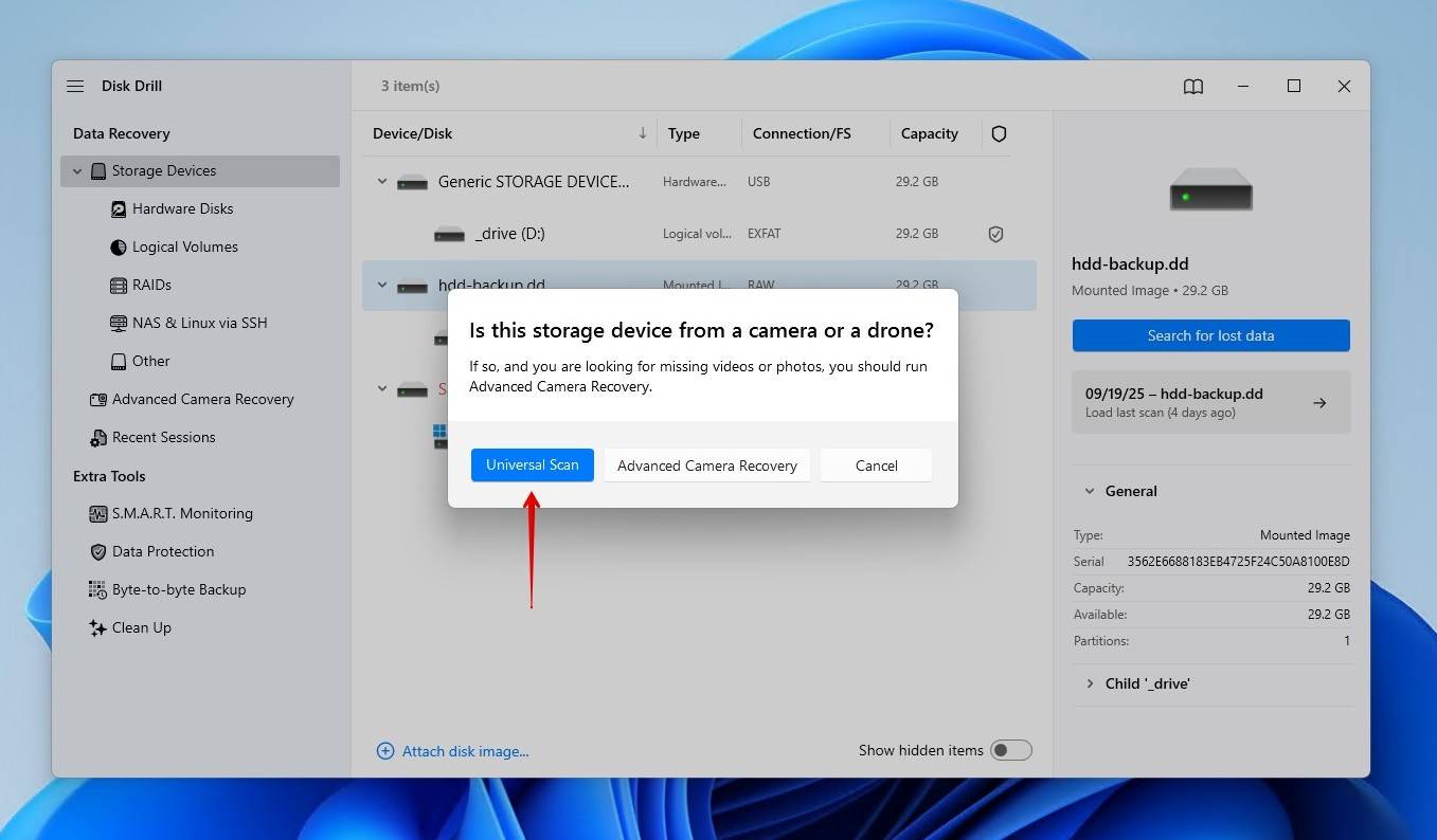 Starting a Universal Scan with Disk Drill.