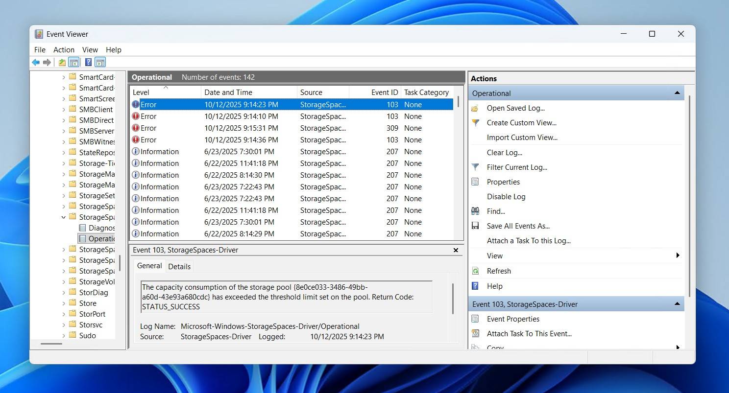 Checking the Storage Spaces logs.