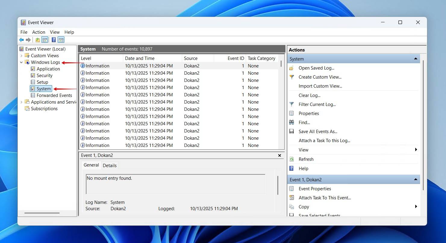 Checking Windows System logs.