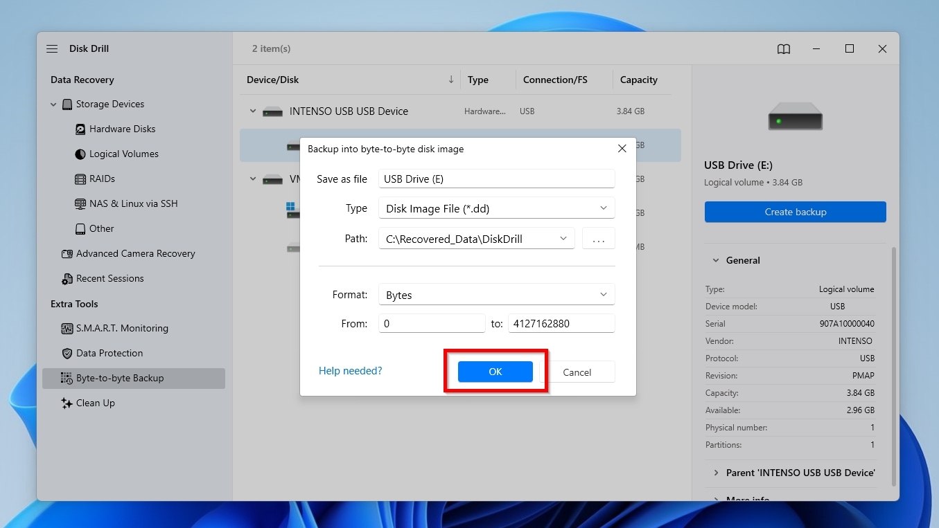 Disk Drill Accept Selected Backup Options