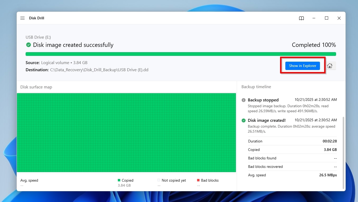Disk Drill Backup Disk Image Created Successfully