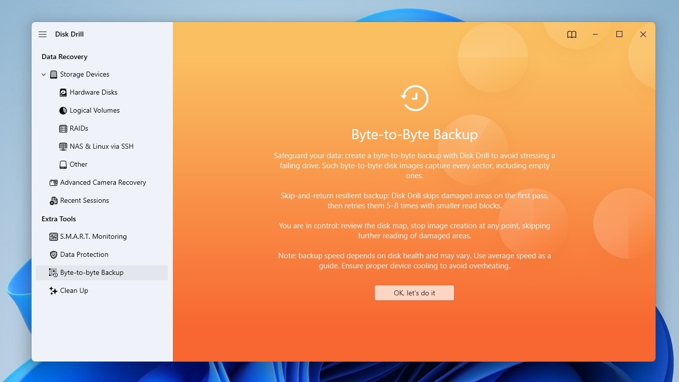 Disk Drill Byte to Byte Backup Welcome Initial Page
