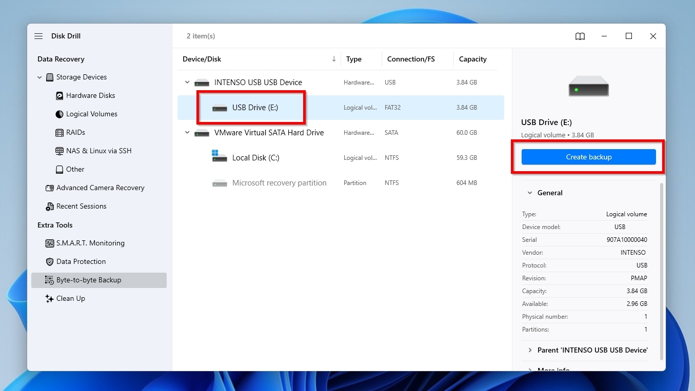 Disk Drill Device Disk Selection and Create Backup