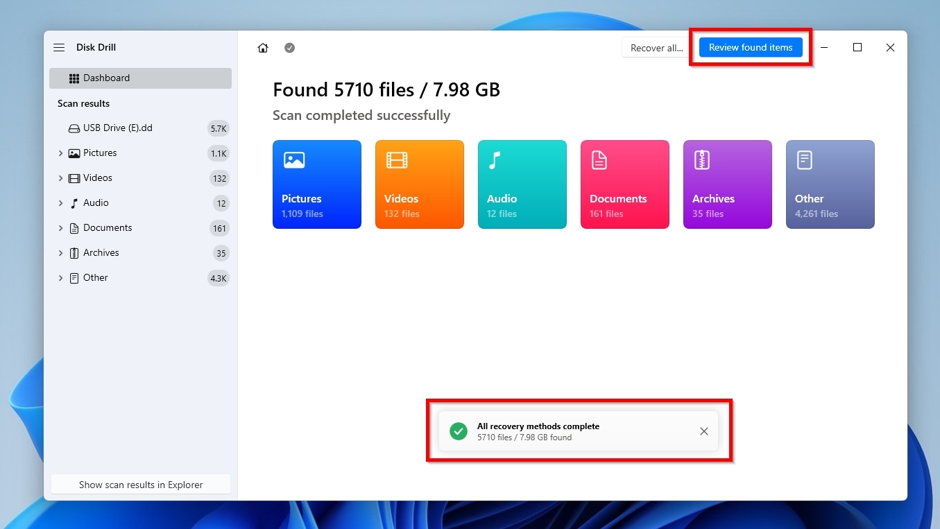 Disk Drill Scan completed successfully Review found items