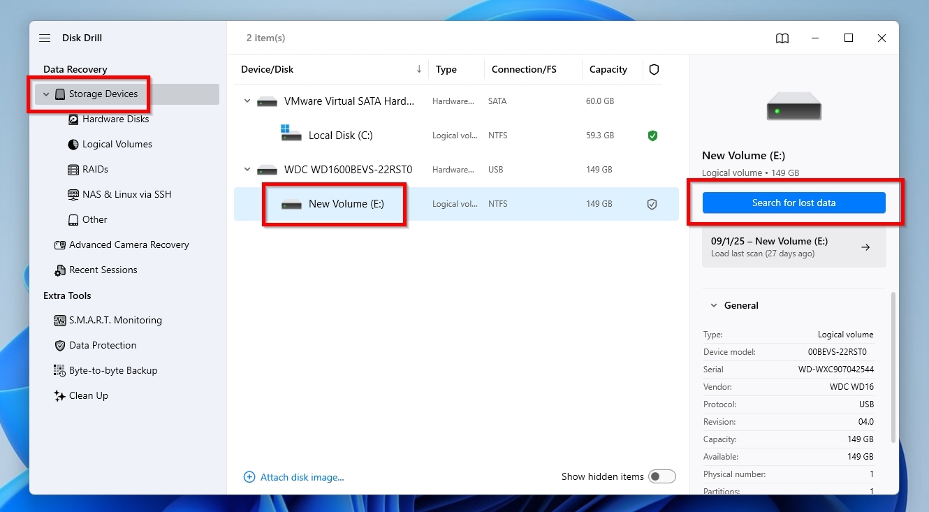 Disk Drill Select Device Disk and Search For Lost Data