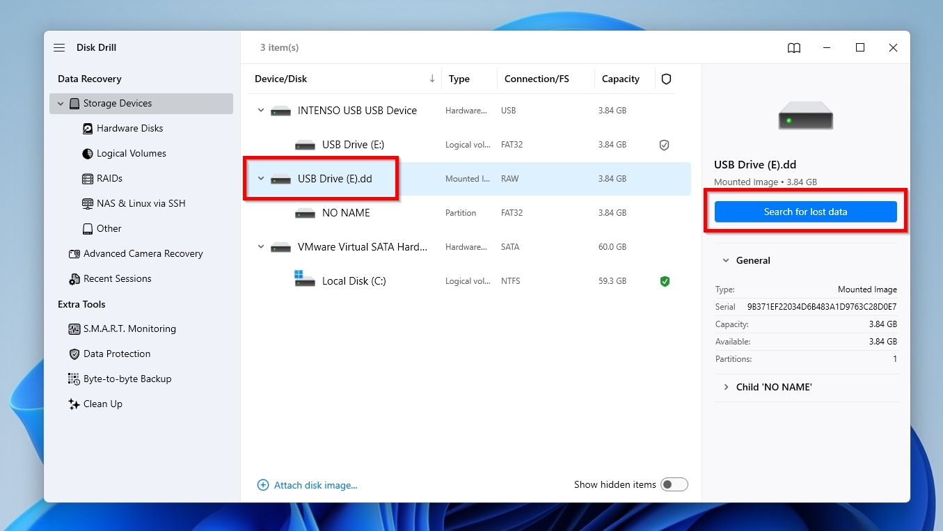 Disk Drill Select attached disk image and search for lost data