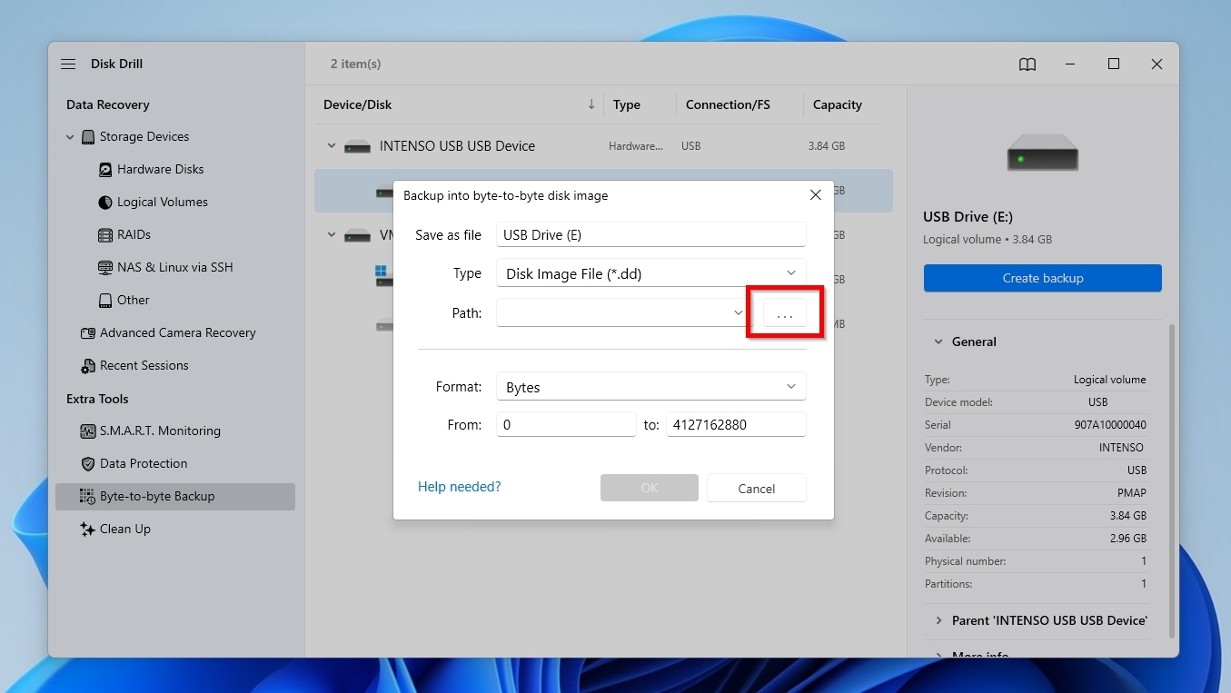 Disk Drill Selecting Path to Store Backup