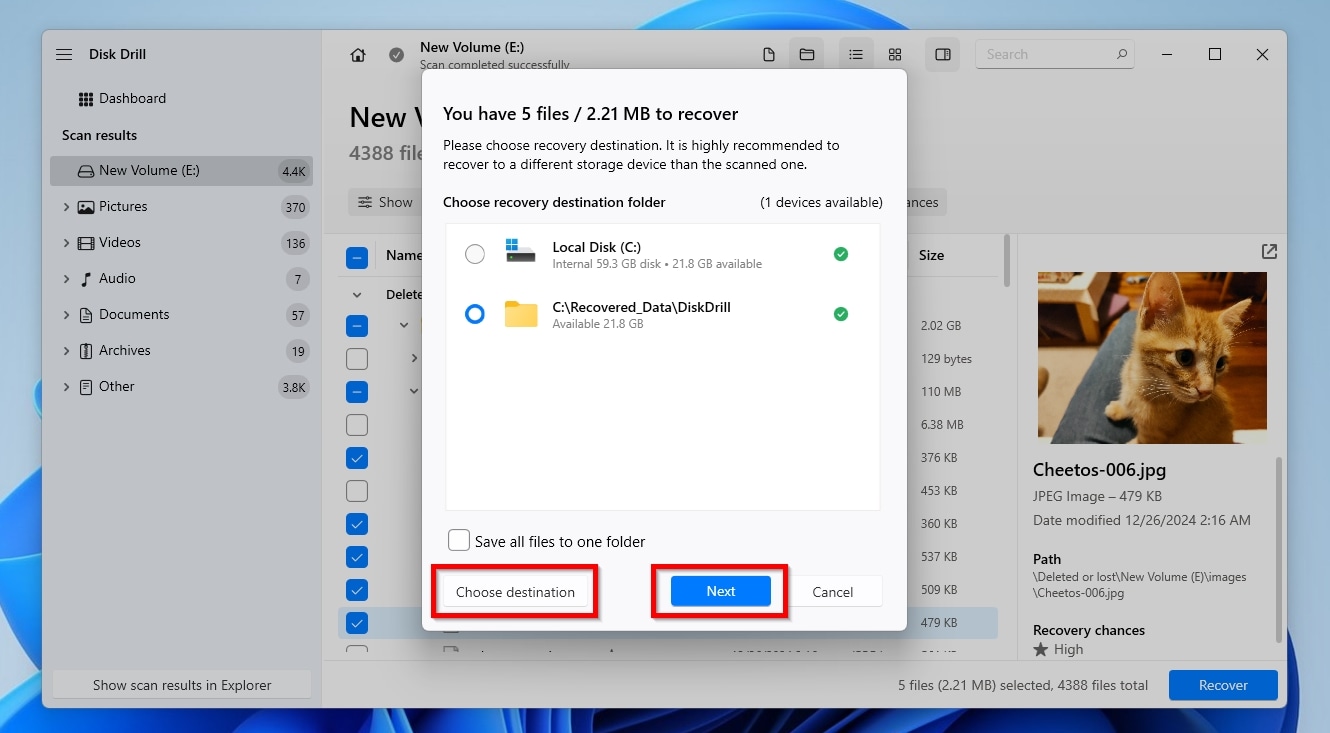Disk Drill Selecting Recovery Destination Folder