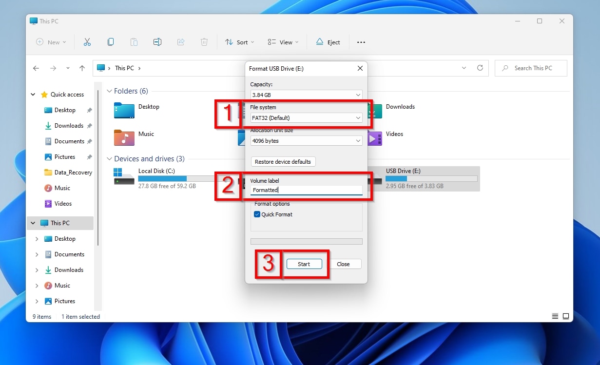 Format properties file system volume label and start