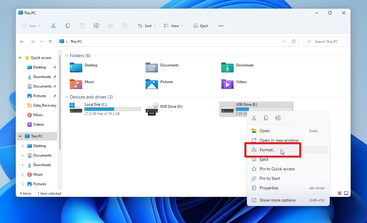 Format selected USB flash drive