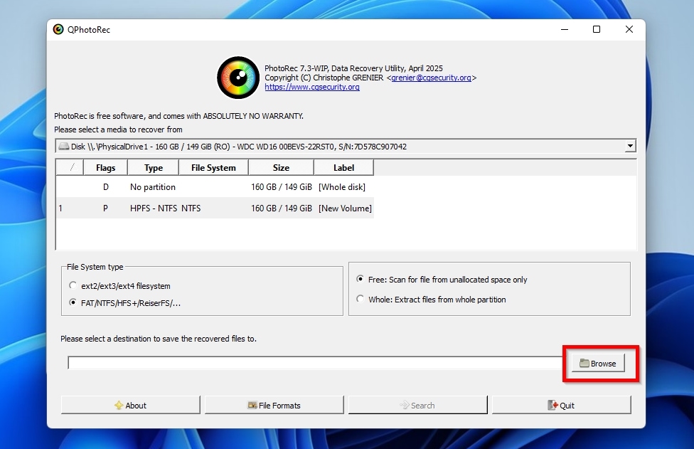 PhotoRec Browse For Destination Folder
