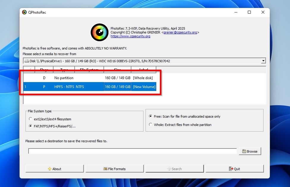 PhotoRec Choose Whole Disk or Partition