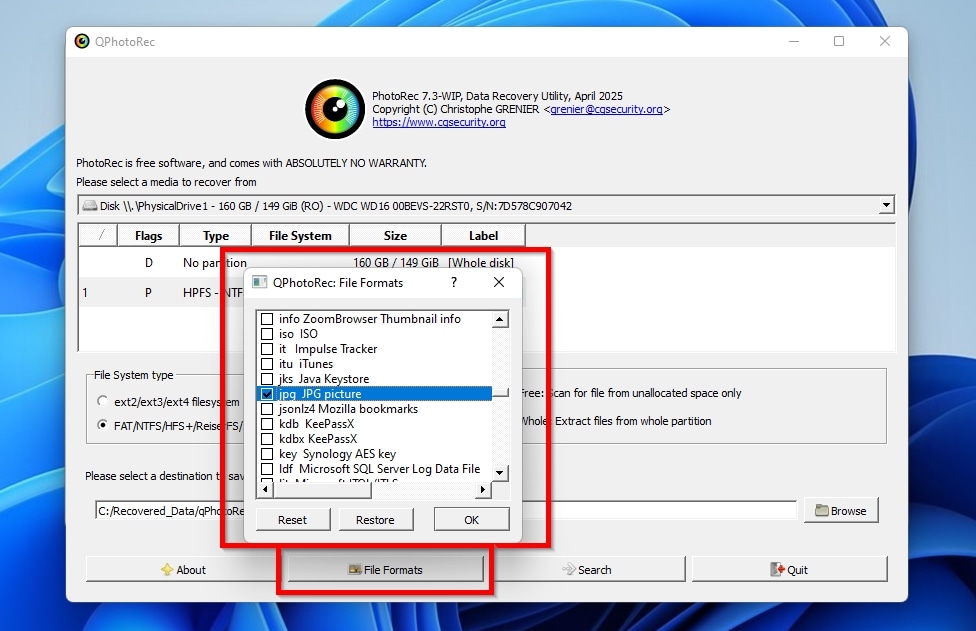 PhotoRec Managing File Formats