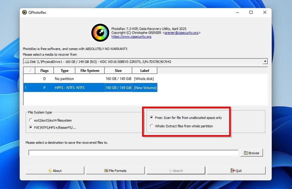 PhotoRec Scan Only Free Space or Whole Partition