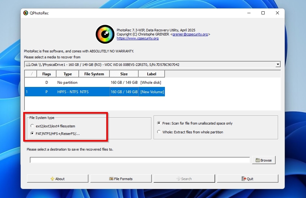 PhotoRec Select File System Type