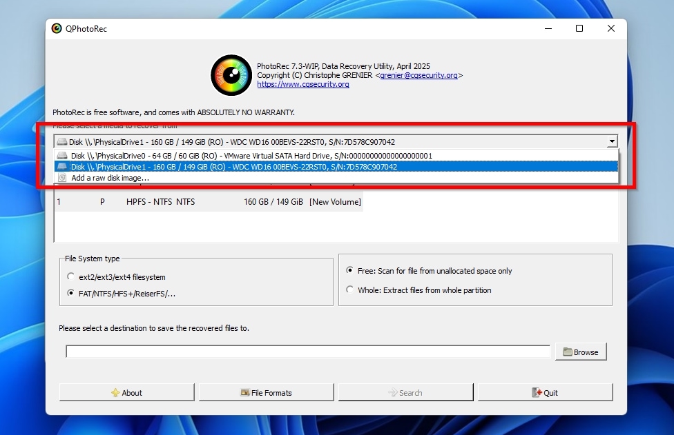PhotoRec Select Media