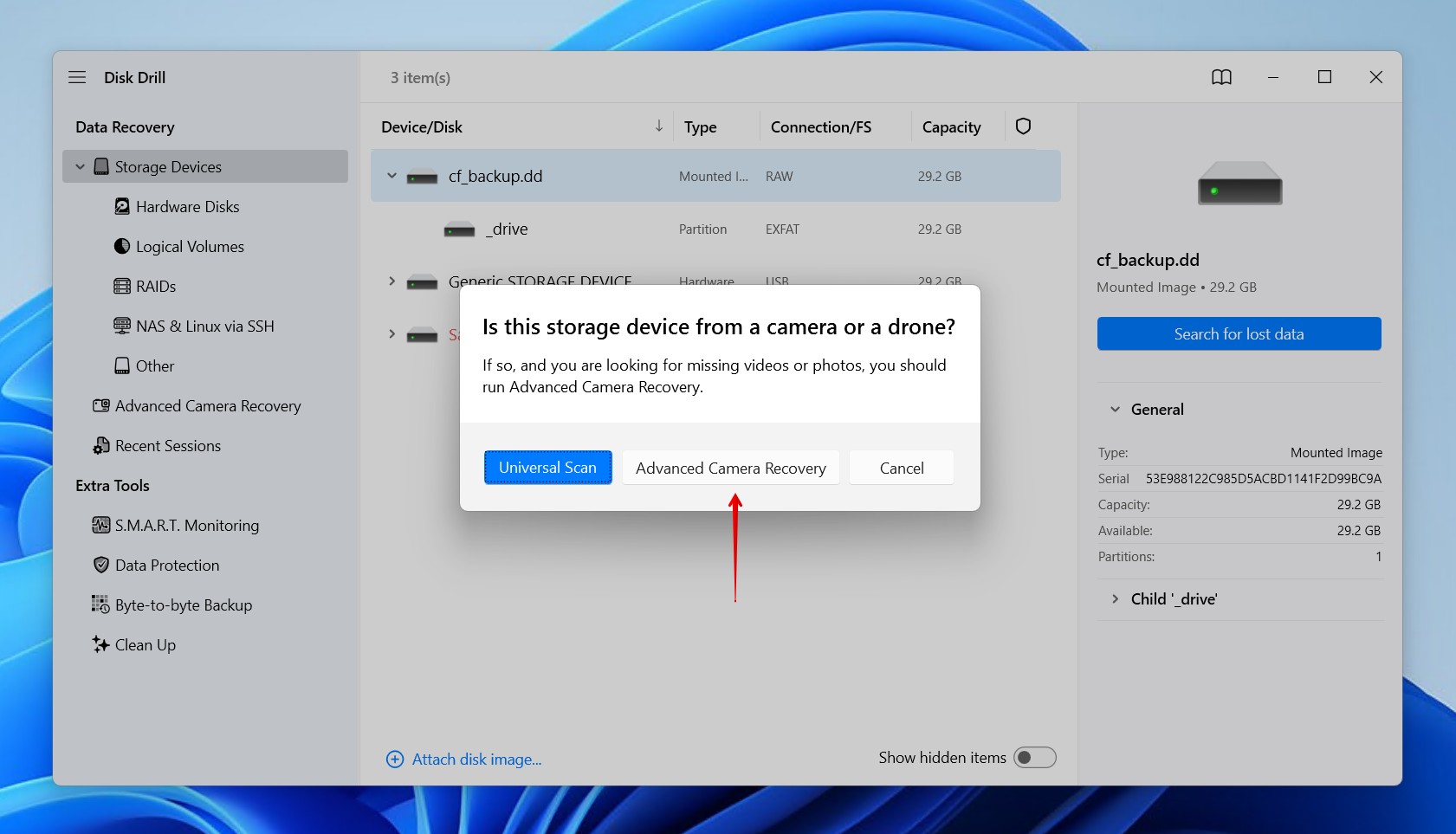Choosing Advanced Camera Recovery.
