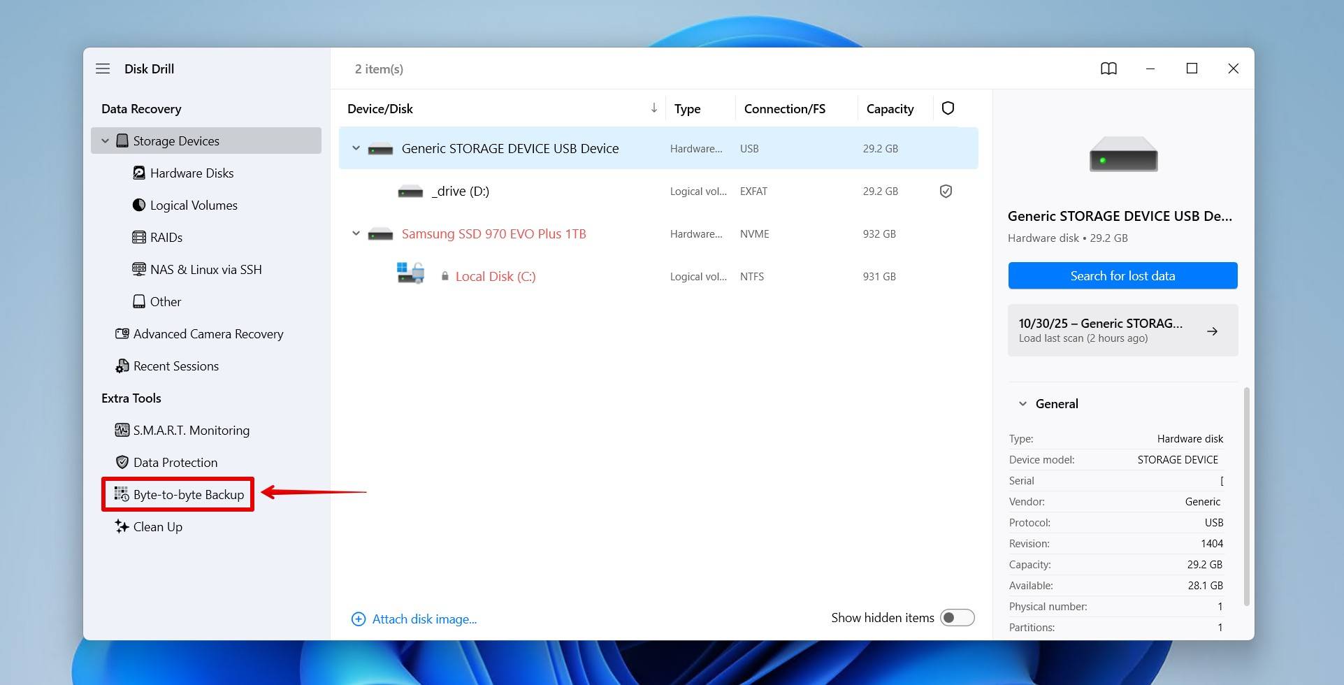 Accessing the drive backup feature.